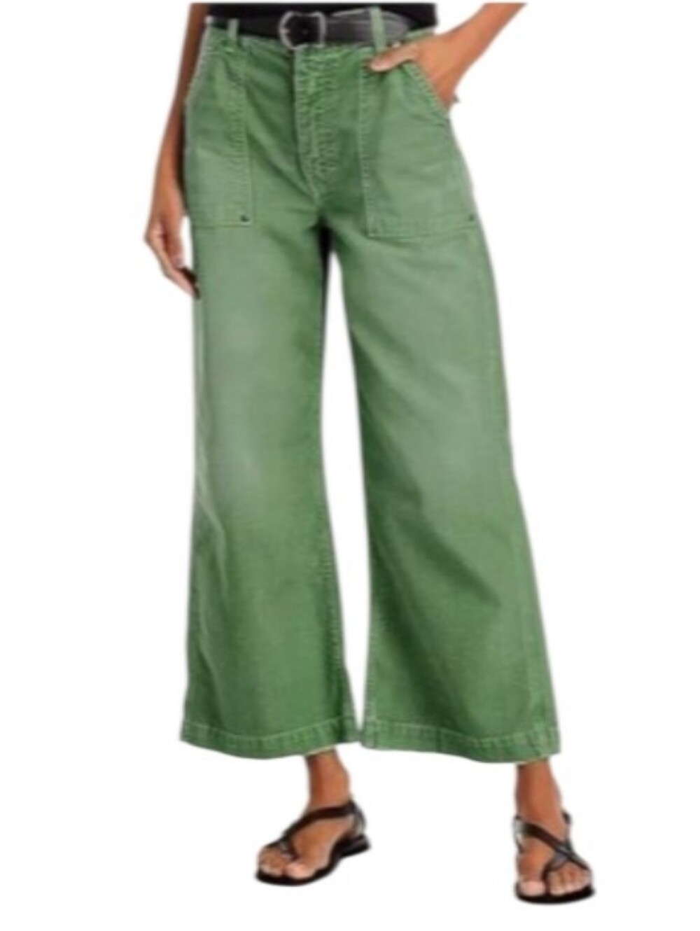 Flamingals High-Rise Wide-Leg Green Utility Cropped Jeans-NWT - Picture 2 of 9